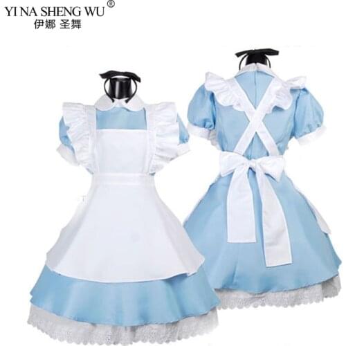 Women Anime Alice In Wonderland Costume Lolita Dress Maid Cosplay Costume Alice Dream Fantasia Carnival Party Blue Halloween Set