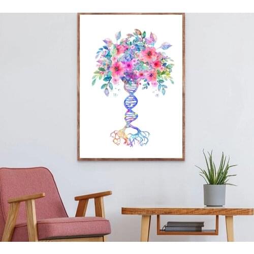 DNA Genetic Tree Biology Medical Poster Watercolor Floral Molecule Painting Canvas Prints Wall Art Decor Doctor Graduation Gift