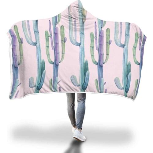 Green Plant Cactus Printing Double Layer Thickened Flannel Warm Comfortable Hooded Blanket Home Sofa Convenient Magic Cloak