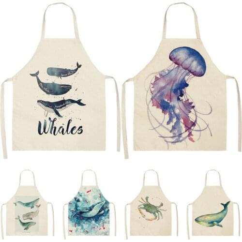 Animal whale Jellyfish Pattern Cleaning Aprons Home Cooking Kitchen Apron Cook Wear Cotton Linen Adult Bibs baking accessories