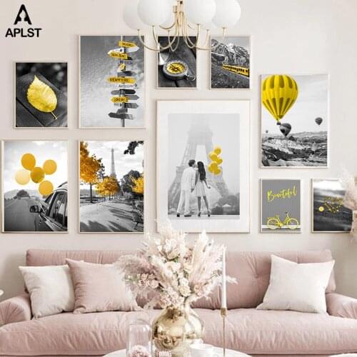 Romantic Paris Black White Landscape Prints Poster Golden Leaf Nordic Travel Canvas Paintings Balloon Lovers Decoration Pictures