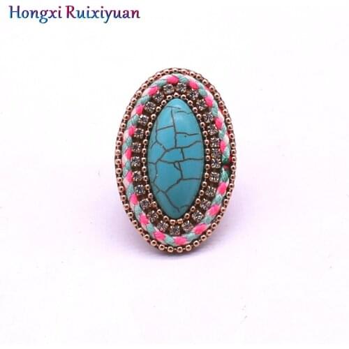 Fashion ring boho style shaped stone crystal leather ladies ring charm handmade party adjustable ring jewelry gift