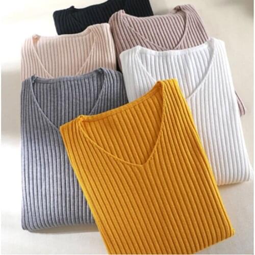 2021 Korean Fashion V-neck Solid Autumn Winter Sweater Pullover Women Female Knitted Sweater Slim Long Sleeve Badycon Sweater