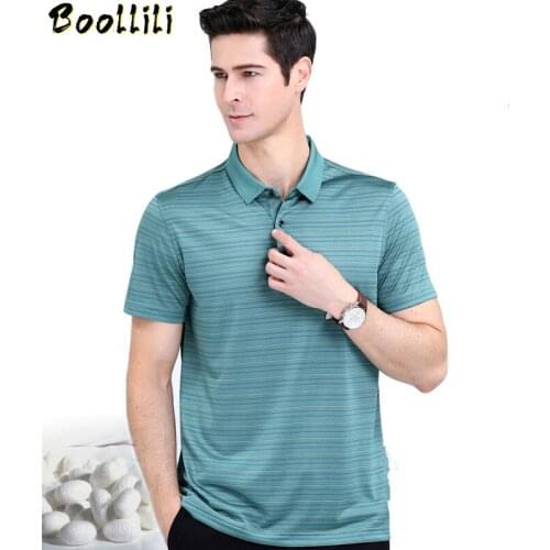 Boollili 2020 Summer Polo Shirt Men 100% Silk Polo Shirt Short Sleeve Shirt Wide-waisted Striped Casual Short for Men