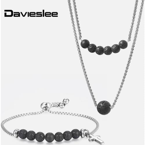 Double Layer Lava Beads Pendant Necklace Bracelet Set for Mens Womens Black Essential Oil Diffuser Stainless Steel Cross DDS02