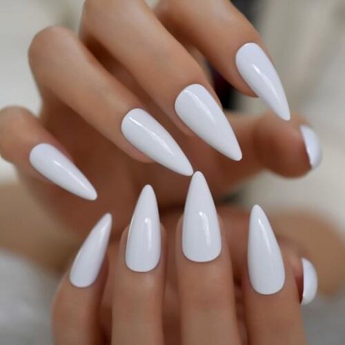 Plain White Long Press on False Nails Sharp End Tapered Stiletto Fake Fingersnails Easy Salon Party Wear Free Jelly Glue Sticker