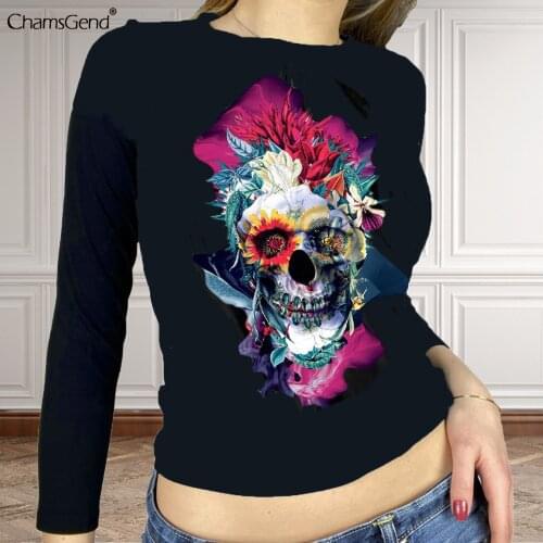 2021 New Halloween Skull Printed Teen Women T-shirt Fashion Ladies Streetwear Female Long Sleeve Top Casual Tee T Shirts
