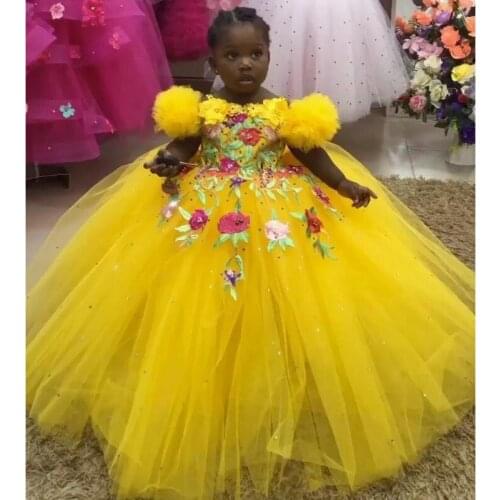 Charming Yellow Puffy Skirt Flower Girls Dresses Short Sleeve Pearls Sequined Tier Tulle Kids Pageant Dress Toddler Prom Gowns