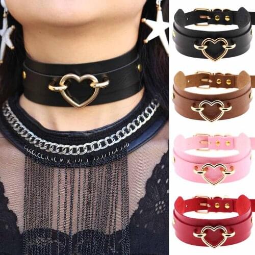 New Trendy Wild Punk Gothic Neck Collar Colier Heart Charm Choker Necklace Women Pin Buckle PU Leather Female Nightclub Jewelry