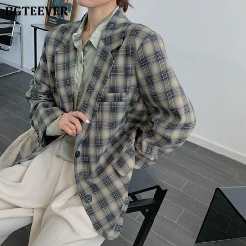 BGTEEVER Vintage Loose Plaid Blazer for Women 2021 Spring Long Sleeve Female Outwear Casual Single-breasted Suit Jackets Femme