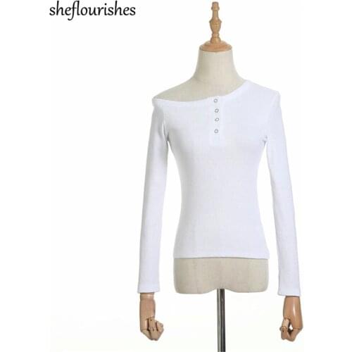 Long sleeve top women knitted t shirt sexy off shoulder top casual slim t shirt white black tees korean woman tshirts buttons