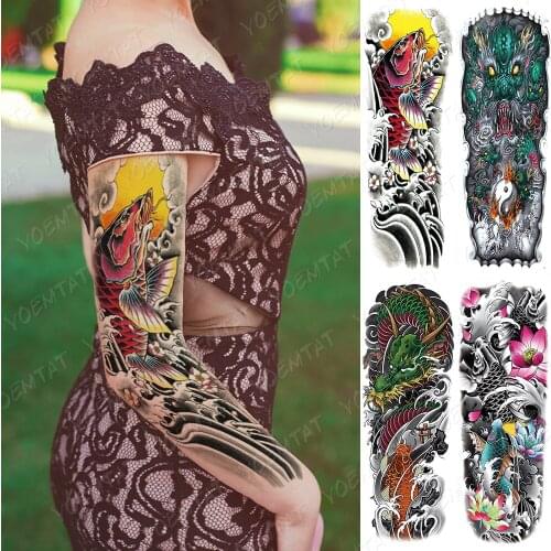 Waterproof Temporary Full Arm Tattoo Stickers Japanese Koi Dragon Lotus Wave Flash Tattoos Woman Body Art Fake Sleeve Tatto Man