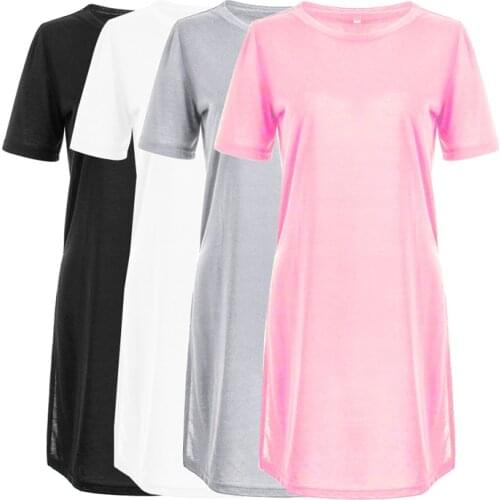 Women Summer Long Style T shirt Short Sleeve Causal Sexy Loose Hem Split Solid Tops Ladies Girls Pink Black Silver White T-shirt