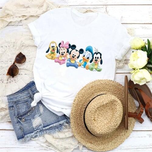 2021 Summer New Women T Shirts Mickey Mouse And His Friends Printed Girls Tshirt Short Sleeve White O-neck Streetwear Tops Tees