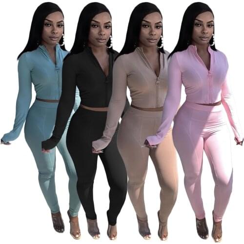 2021 Autumn Women Two Piece Set Tracksuit Matching Set Solid Color Zipper Jacket Coat And Long Pants Sportsuit Clothes For Women