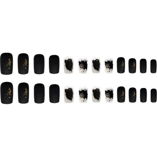 24pcs Black White Foil Blooming Wear Long Paragraph Fashion Manicure Patch False Nails Save Time Wearable Nail Patch SANA889