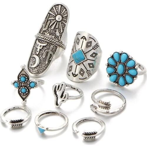 9PCS Vintage Bohemian Beach Women Ring Set Ethnic Style Midi Finger Boho Ring Charm Anelli