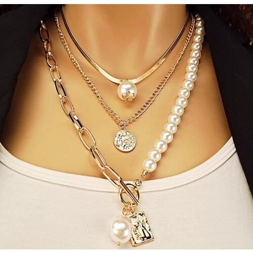 DIEZI Fashion Elegant Multilayer Coin Choker Necklaces Women Baroque Imitation Pearl Square Human Head Pendant Chain Necklace