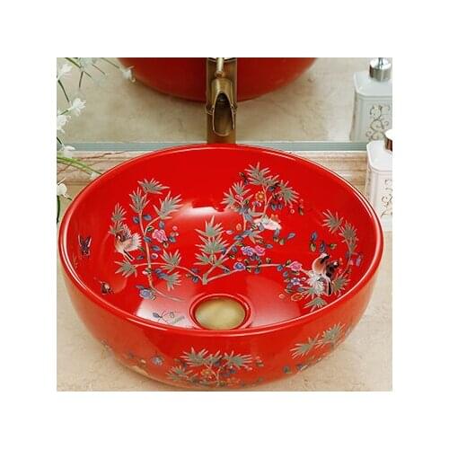 Jingdezhen ceramic sink wash basin Ceramic Counter Top Wash Basin Bathroom Sinks hair washing sink flower bird pattern