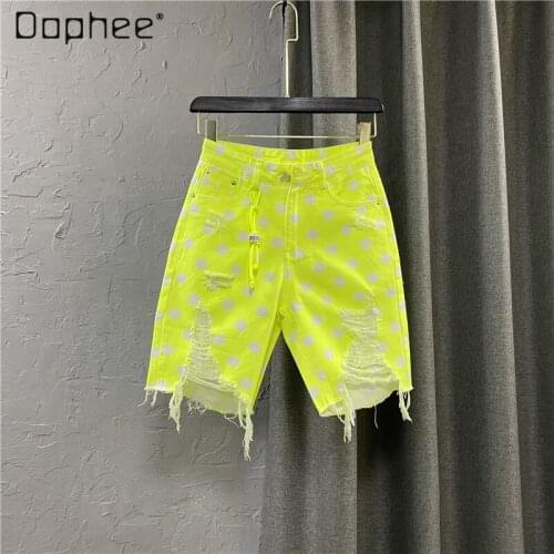 2021 Summer Wear Ripped Tassel Raw Edge Polka Dot Denim Shorts Fluorescent Color Wide Leg Middle Pants