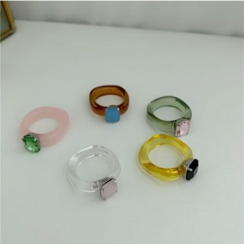 Minar Korean Cute Candy Color Arcylic Resin Rings for Women Rainbow Square Crystal Charm Rings Statenment Minimalist Jewelry