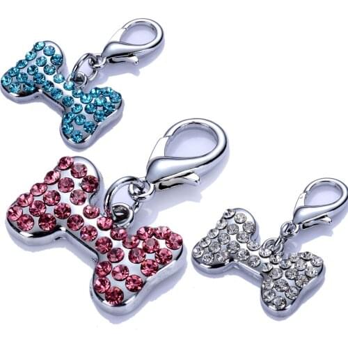 Fashion Stainless Steel Dog Tag Pink White Blue Rhinestones Pet Collar Charms Crystal Pendants Pet Accessories Supplies