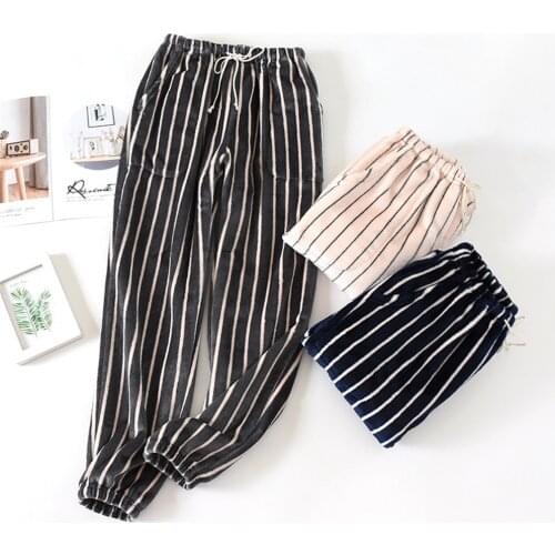 Sleepwear Women Pajama Pants Winter Flannel Thick Warm Home Pyjama Sleep Pants Striped Cozy Couple Night Pants Trousers Lounge