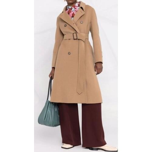 Autumn Winter Woolen Coats New Notched Collar Double Breasted High Waist Shawl Long Overcoat Elegant Camel Back Split Outerwear