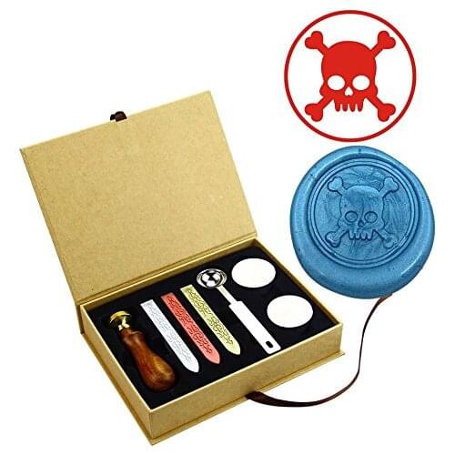 Pirate Crossed Bone Vintage Style Brass Wooden Handle Wax Seal Stamps Kit Party Envelope Stamps