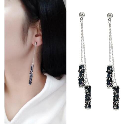 Luxury Rhinestone Inlaid Tassel Rectangle Pendant Women Stud Earrings Jewelry New