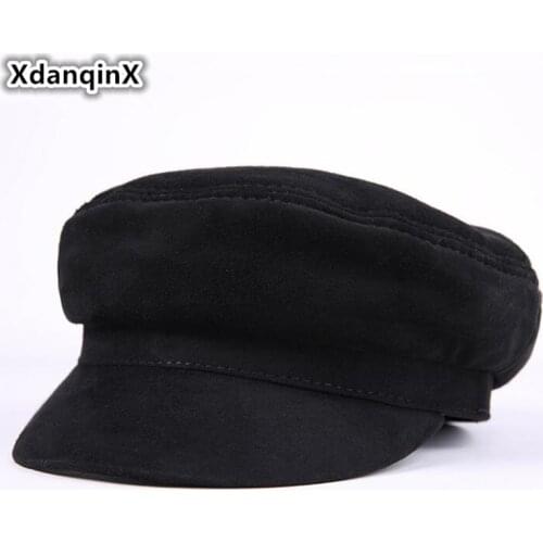 XdanqinX Autumn Winter Adult Mens Cap Second Layer Cowhide Army Military Hats Brand Bone Genuine Leather Flat Top Caps For Men