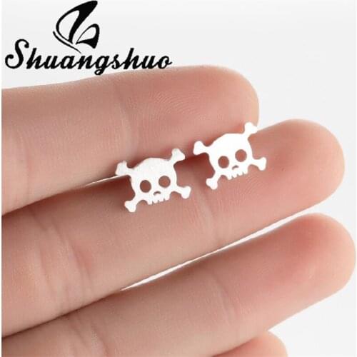 Shuangshuo 925 Sterling Silver Earrings Unqieu Pirate Skull Stud Earrings Hallowen Jewelry