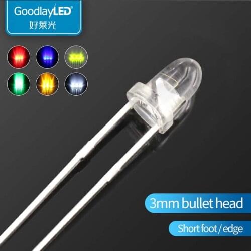LED light-emitting diode F3 / 3mm bullet head short leg transparent white light red blue green yellow direct plug LED light bead