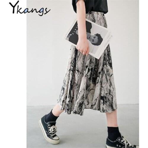 Gothic Graffiti Pleated Skirt Ink Printing 2021 Summer New Female Skirt Korean Elastic High Waist Simple Retro Umbrella Skirt