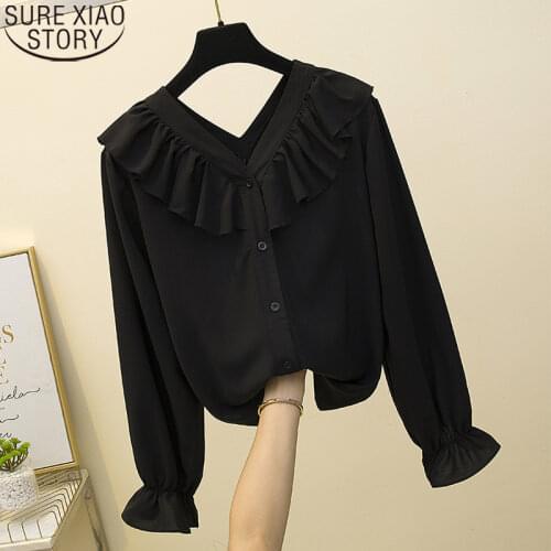 Korean V-neck Ruffles Chiffon Tops Elegant Sweet Blouses Women 2021 Autumn New Fashion Blusas Plus Size 4XL Loose Shirts 10223