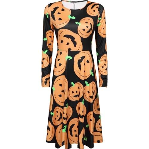 Womens Halloween Pumpkin Cobweb Print Round Neck Long Sleeve Casual A-line Flared Midi Dress Female Halloween Party Vestidos