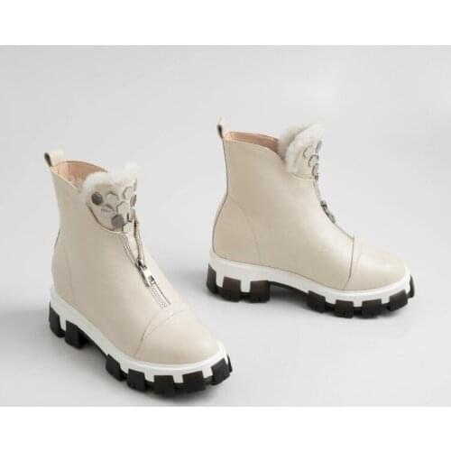 High Platform Women Snow Boots Warm Wool Plush Ankle Boots Lace Real Leather Casual Shoes Female Heels Black Punk Shoe