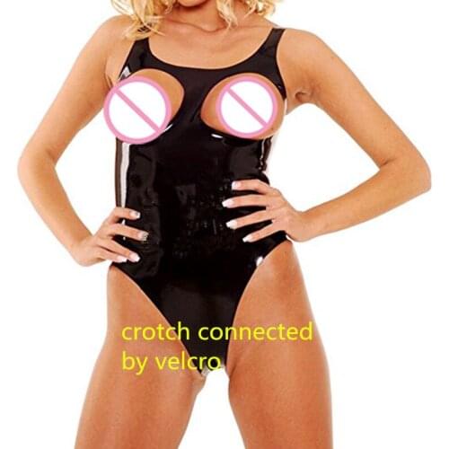 Fetish Black Latex Bodysuit Women Open Crotch Hollow Bust Erotic Leotard Crotchless Latex Catsuit