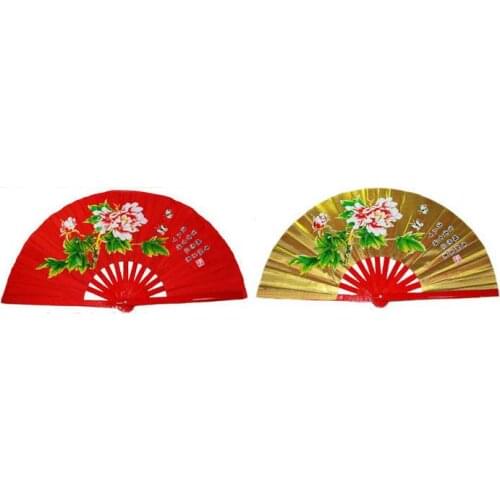 2color golden/red peony taiji fans martial arts kung fu tai chi performance fan bamboo