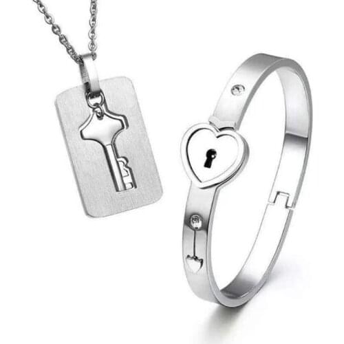 2 Pieces/set Couple Jewelry Love Lock Bracelet Stainless Steel Bracelet Key Pendant Necklace Jewelry Simple Punk