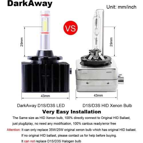 DarkAway D1S D2H D3S D4S D5S D8S LED Bulb Plug Play Same Size as Original D1C D3R Car Lights 70W 8000Lm/set Auto Headlight White
