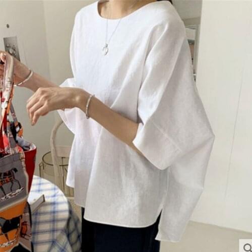 Blusa Plus Size 2021 Korea Summer Women Shirt Solid Cotton Linen Half Sleeve Shirt for Women Casual Simple Loose Thin Tops 14729