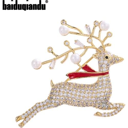 Baiduqiandu Cubic Zircon Running Christmas Deer Brooches Pins Simulated-pearl Animal Jewelry New Year Gift