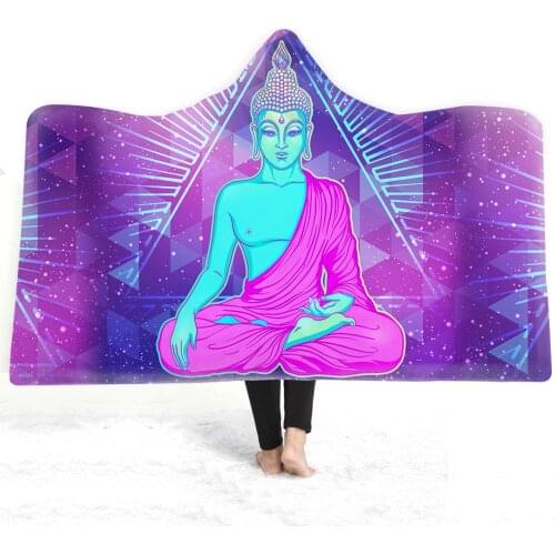 India Zen Buddha Lotus Flower Pattern Adult Kids Sherpa Fleece Hooded Blanket Travel Sofa Throw