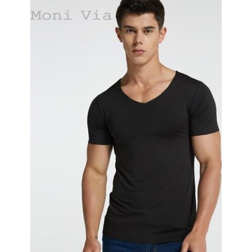 Mens Ice Silk White Short-Sleeved T-Shirt V-neck Solid Summer Slim Bottoming Shirt Casual Thin Section Breathable Male Clothes