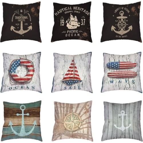 Hot Sale Coastal Anchor Rudder White Cushion Cover Compass Flag Home Decor Settee Throw Pillow Case Polyester Peach Skin 45x45cm