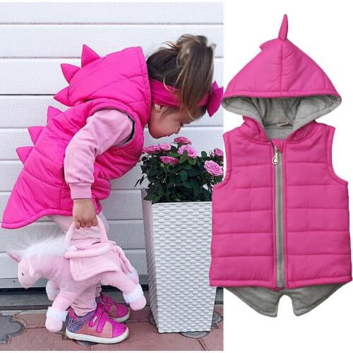 2019 Lovely Baby Girl Warm Dinosaur Hooded Coat Cute Kid Sleeveless Warm Jacket Outerwear Zipper Autumn Waistcoat Vest Winter