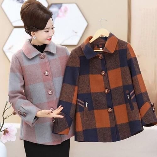 Plus size 5XL Jacket Women Lattice Woolen Coat Long sleeve Middle age Mother clothing 2019 Autumn Winter New Tops Outerwear