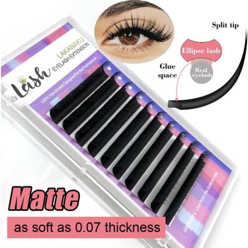 LAKANAKU New Styles Matte Flat Ellipse Lashes Extensions 0.20 C/D Split Tips Ellipse Shaped False Makeup Eyelashes Free Shipping