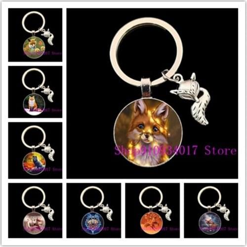 Cute Fox Picture Round Glass Convex Keychain Cute Fox Animal Pendant Keychain Girl Handmade DIY Keychain Holiday Gift Keychain
